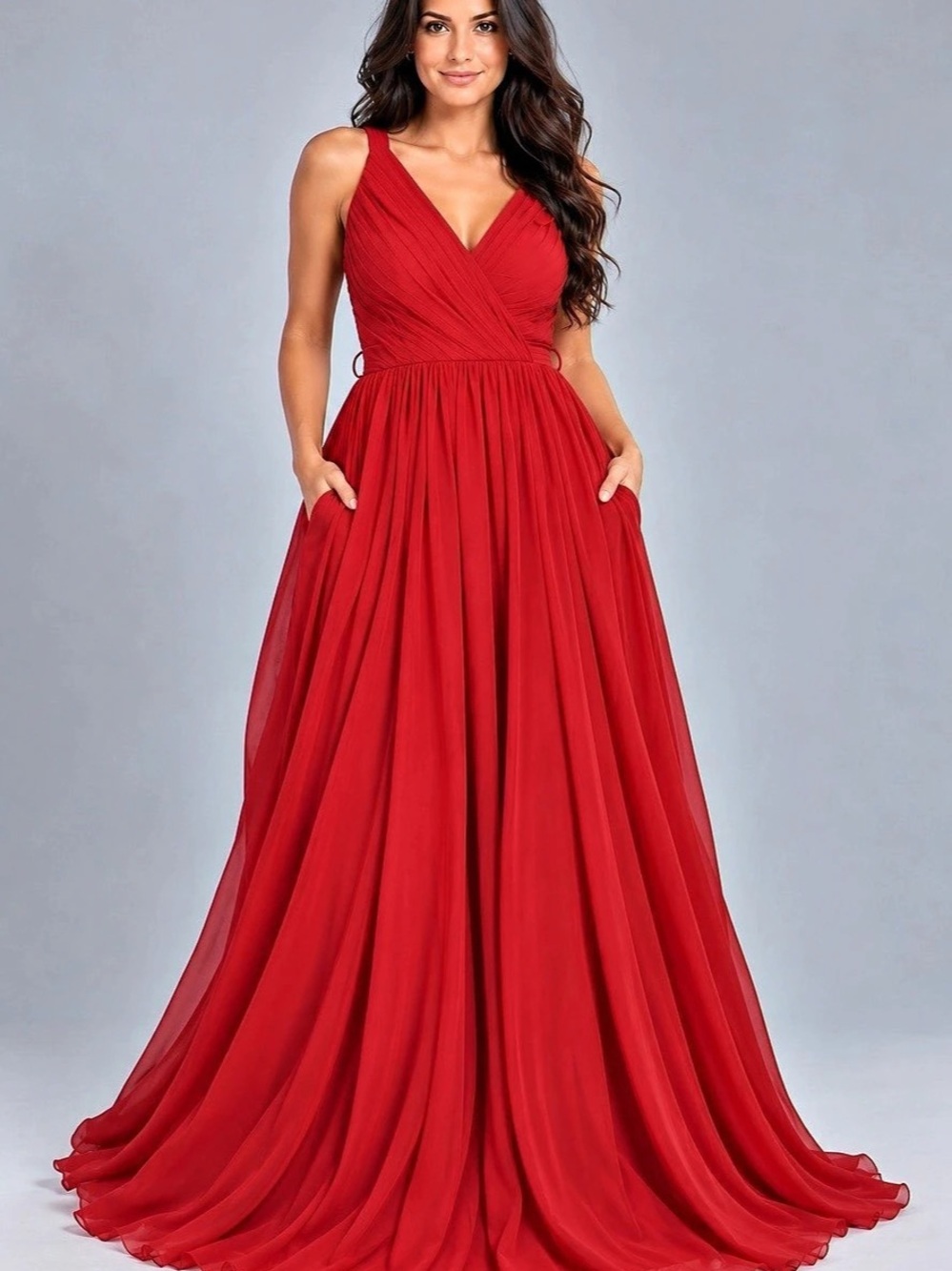 Bari Jay Red Chiffon Convertible Cross-Back Formal Maxi Gown Sz 16